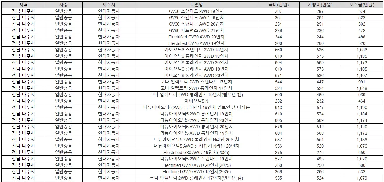 2025년 전남 나주시 전기차 보조금