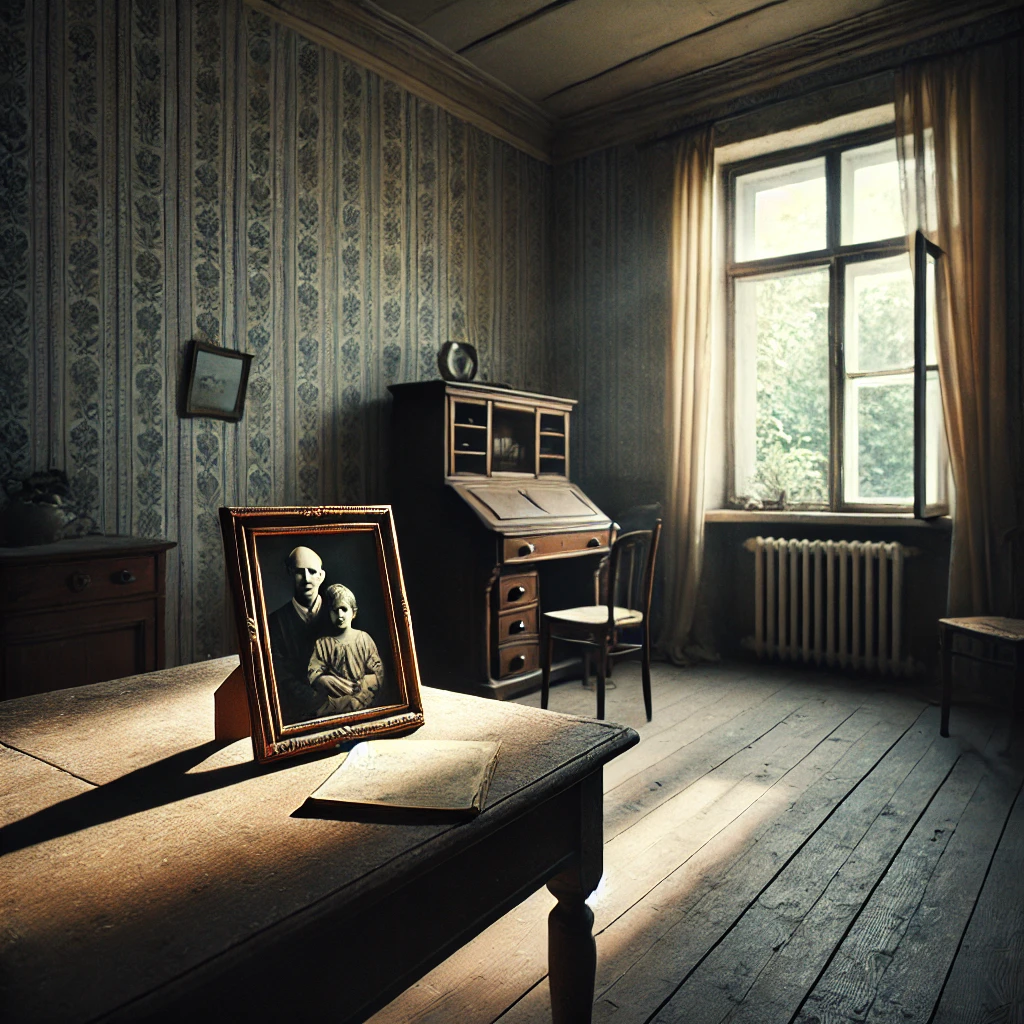 텅 빈 아버지의 방 안에 놓여있는 낡은 사진 액자