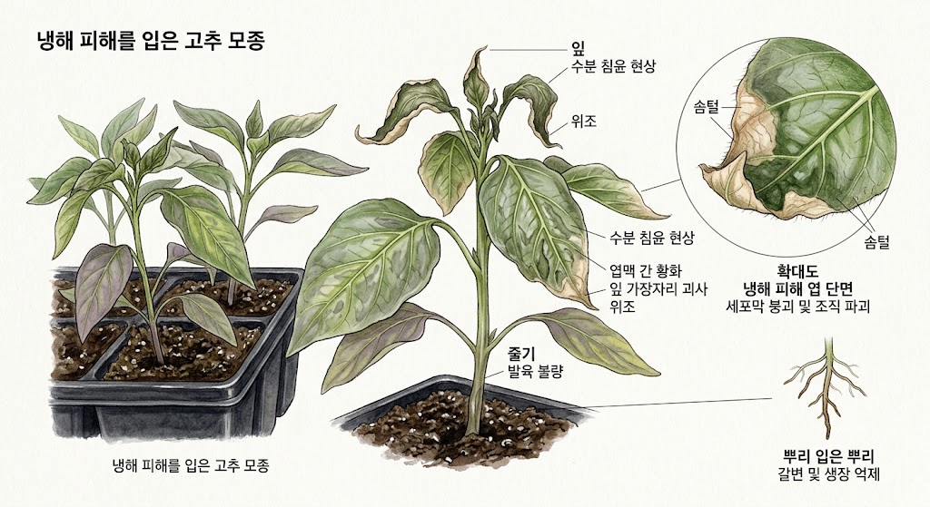 냉해 피해를 입은 고추 모종