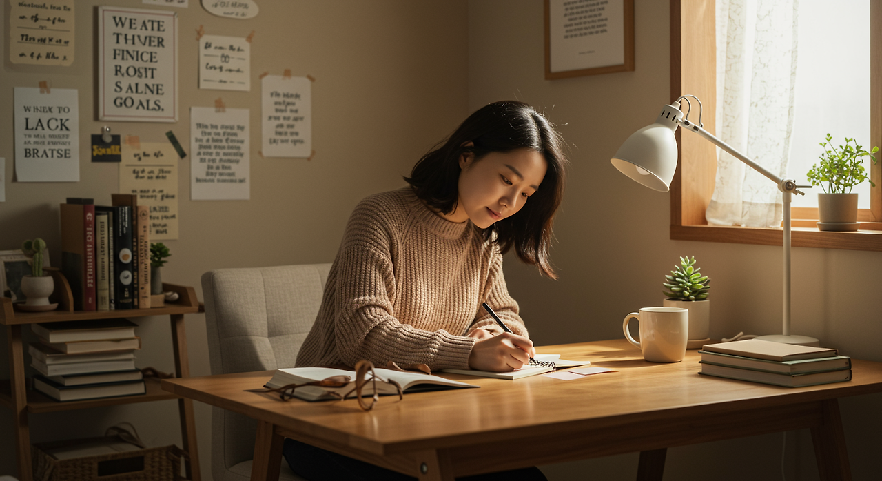 아늑한 홈 오피스에서 재정 목표를 메모장에 적고 있는 한국 여성