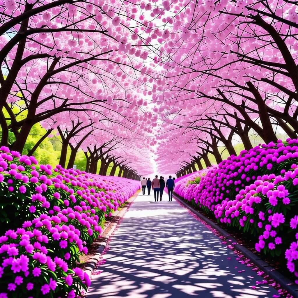 진달래와 벚꽃길을 걷는 사람들