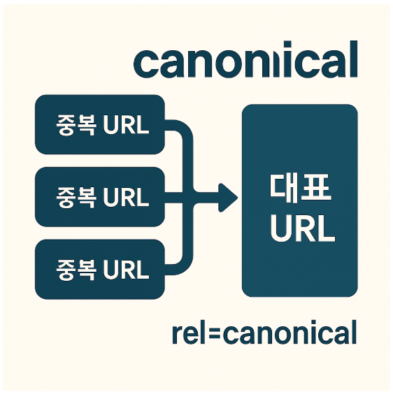 canonical 흐름&mdash;중복 URL&rarr;대표 URL 통합 다이어그램