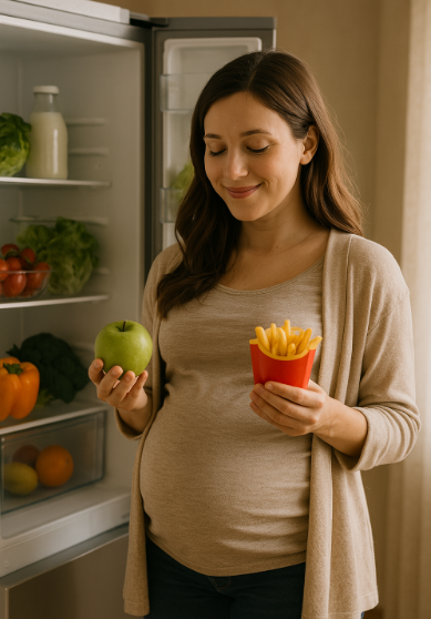 냉장고 앞에서 음식을 고민하는 임산부의 사진