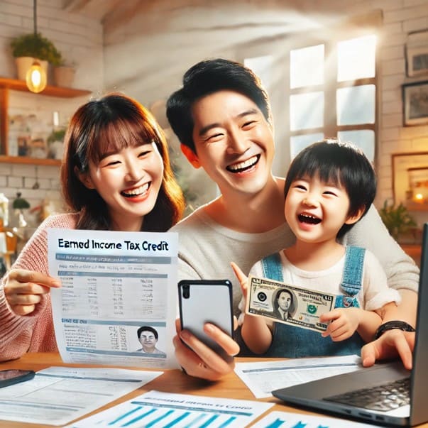 아이가달러를들고있고행복하게웃고있는세가족사진