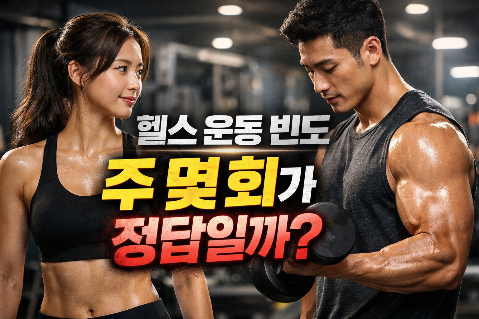 헬스 운동 빈도 주 몇 회가 정답인지 고민하며 덤벨 운동을 하는 남성과 여성, 운동 빈도보다 중요한 기준을 강조한 헬스 정보 썸네일 이미지