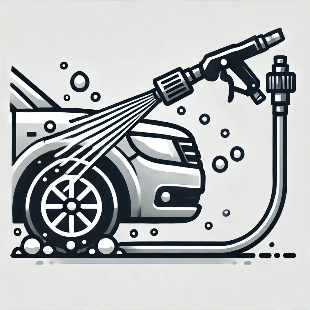 고압 세척기로 차량 하부에서 염화칼슘과 오염물을 제거하는 장면