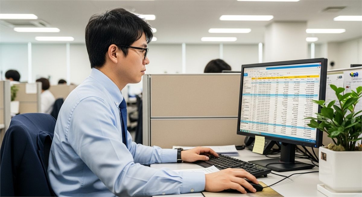 사무실에서 보험 기록을 확인하는 한국 직장인 모습 