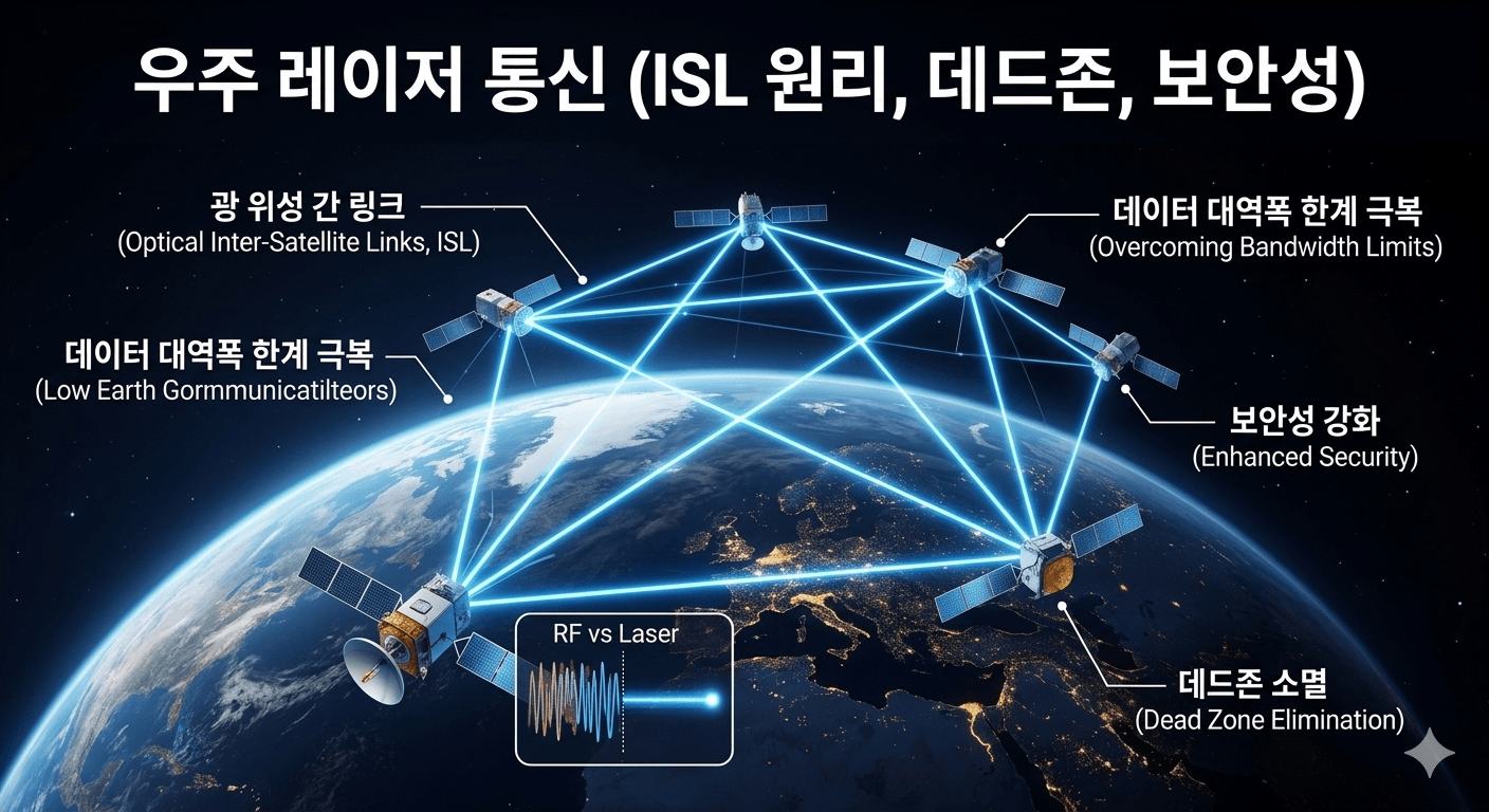 지구 궤도상의 위성들이 서로 푸른 레이저 빔을 오차 없이 주고받는 모습을 시각화하여 '우주 광학 통신'의 핵심 원리