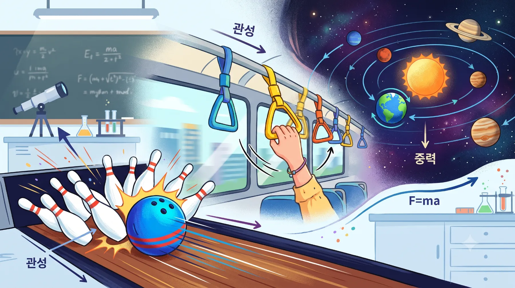 볼링공, 버스 손잡이, 행성의 궤도 운동을 한데 모아 '힘과 운동'의 원리를 시각화한 블로그 헤더 이미지