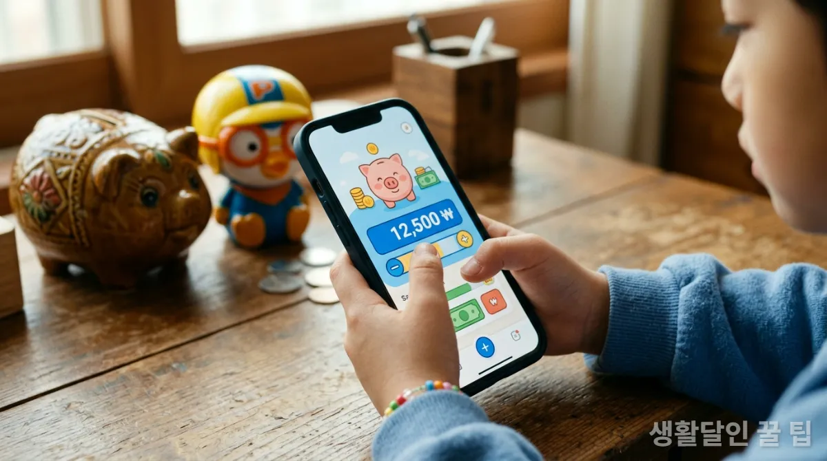 디지털 용돈 앱과 전통 저금통을 함께 보여주는 아이의 손