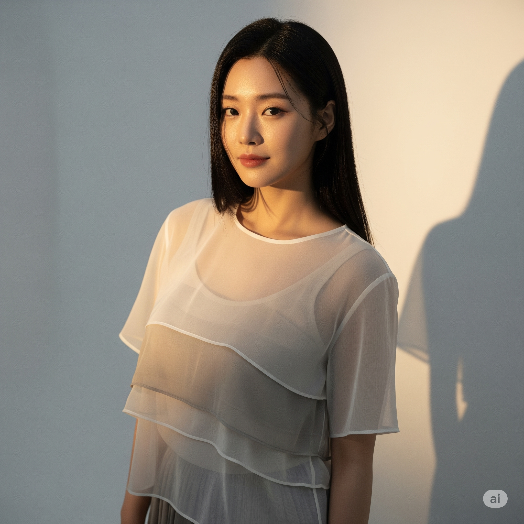 시스루 상의를 우아하게 레이어드한 여성의 모습