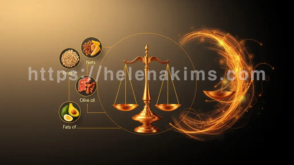 원형 구도 안에는 저울이 있고 원형도구 밖으로는 탄수화물(곡물), 단백질(살코기), 견과류, 지방(아보카도) 커다란 아이콘들을 배치된 이미지.