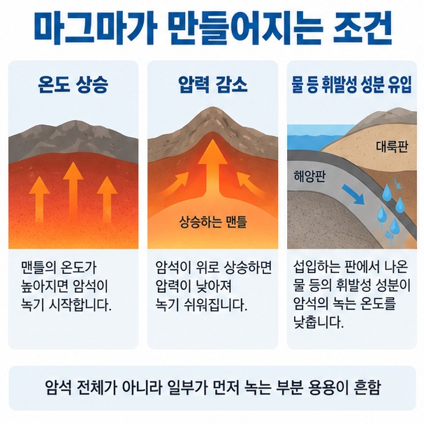 온도 상승 압력 감소 물 유입으로 마그마가 생성되는 과정을 설명한 지구과학 인포그래픽