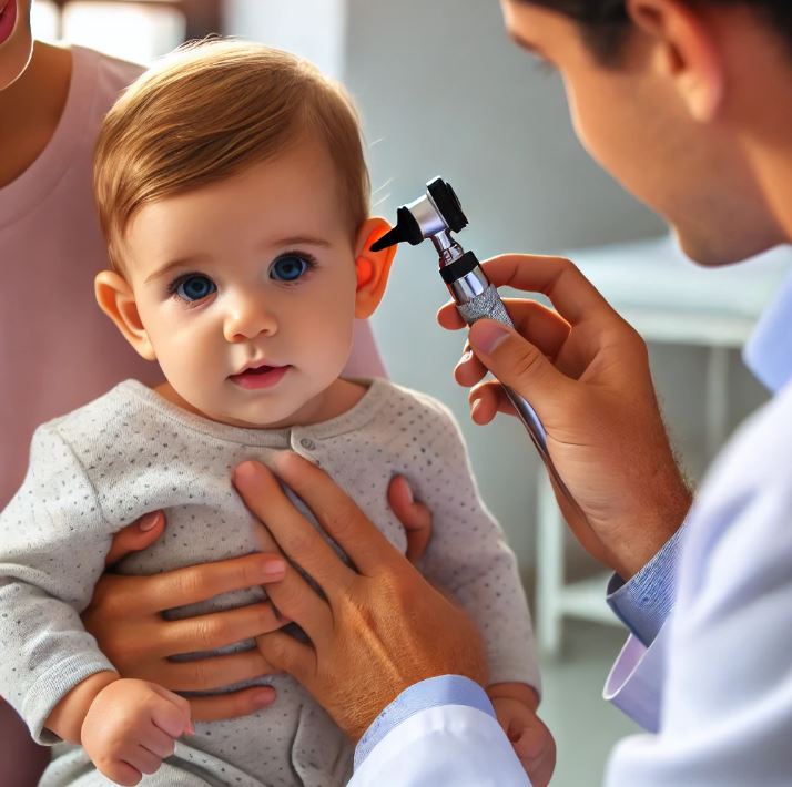 급성 중이염으로 진료를 받고 있는 아기의 사진