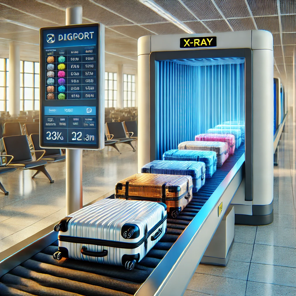 공항에서 수화물 xray 통과하는 수화물들