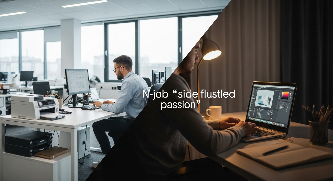 낮에는 사무실에서 본업에 집중하고 저녁에는 집에서 노트북으로 N잡을 하는 모습을 보여주는 분할 이미지.