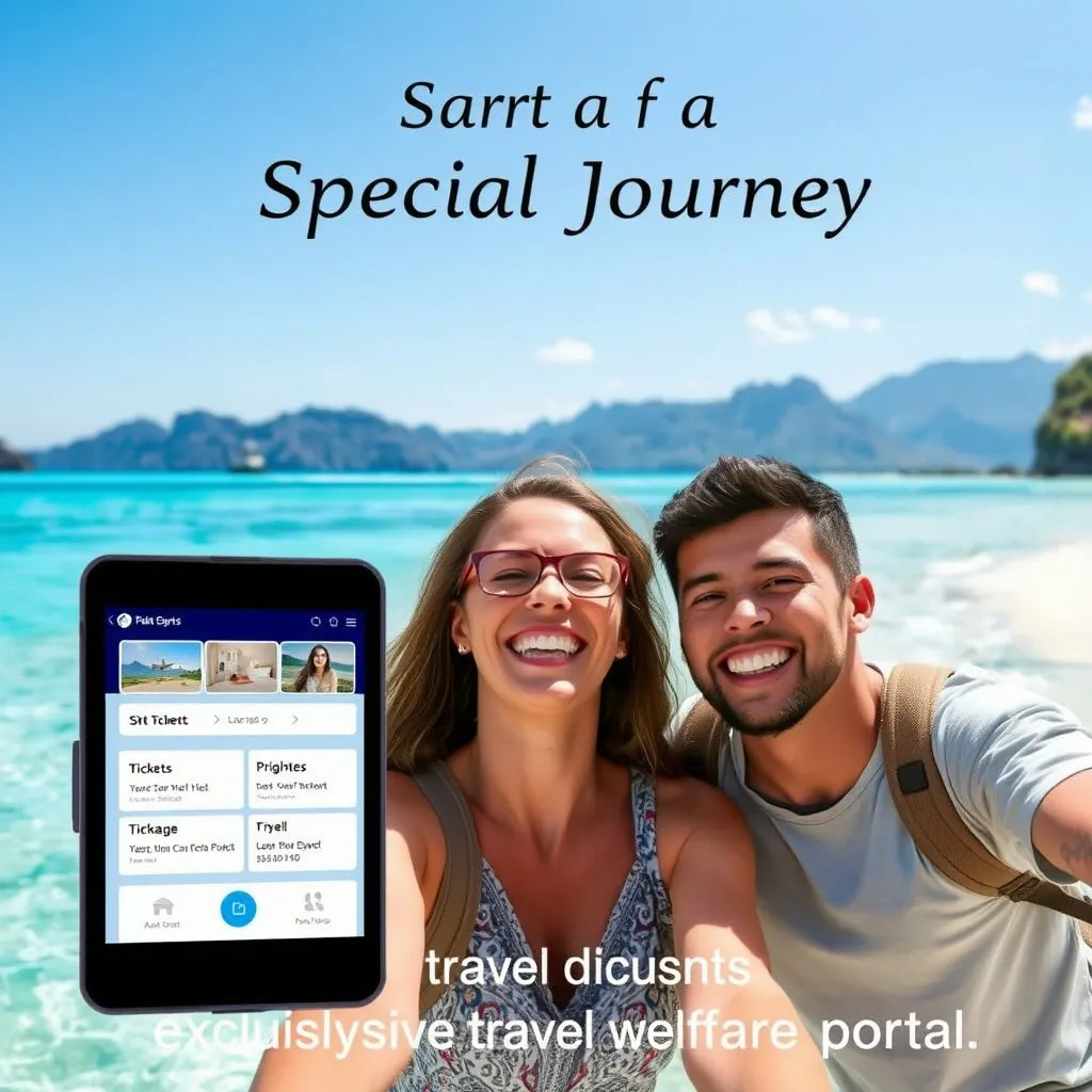 아름다운 자연 풍경(예: 바다, 산, 유명 관광지)을 배경으로 한 가족이나 커플이 행복하게 여행하는 모습입니다. 항공권이나 호텔 예약 화면이 일부 보이는 것도 좋습니다. '특별한 여행의 시작' 문구를 넣어 혜택을 강조합니다.