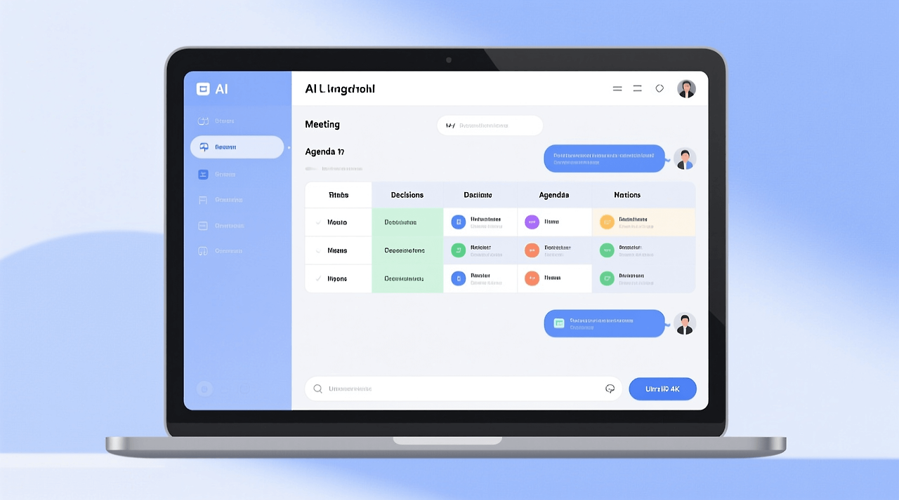 AI가 회의 메모를 입력받아 안건·결정사항·액션아이템이 담긴 회의록으로 자동 정리하는 화면 일러스트