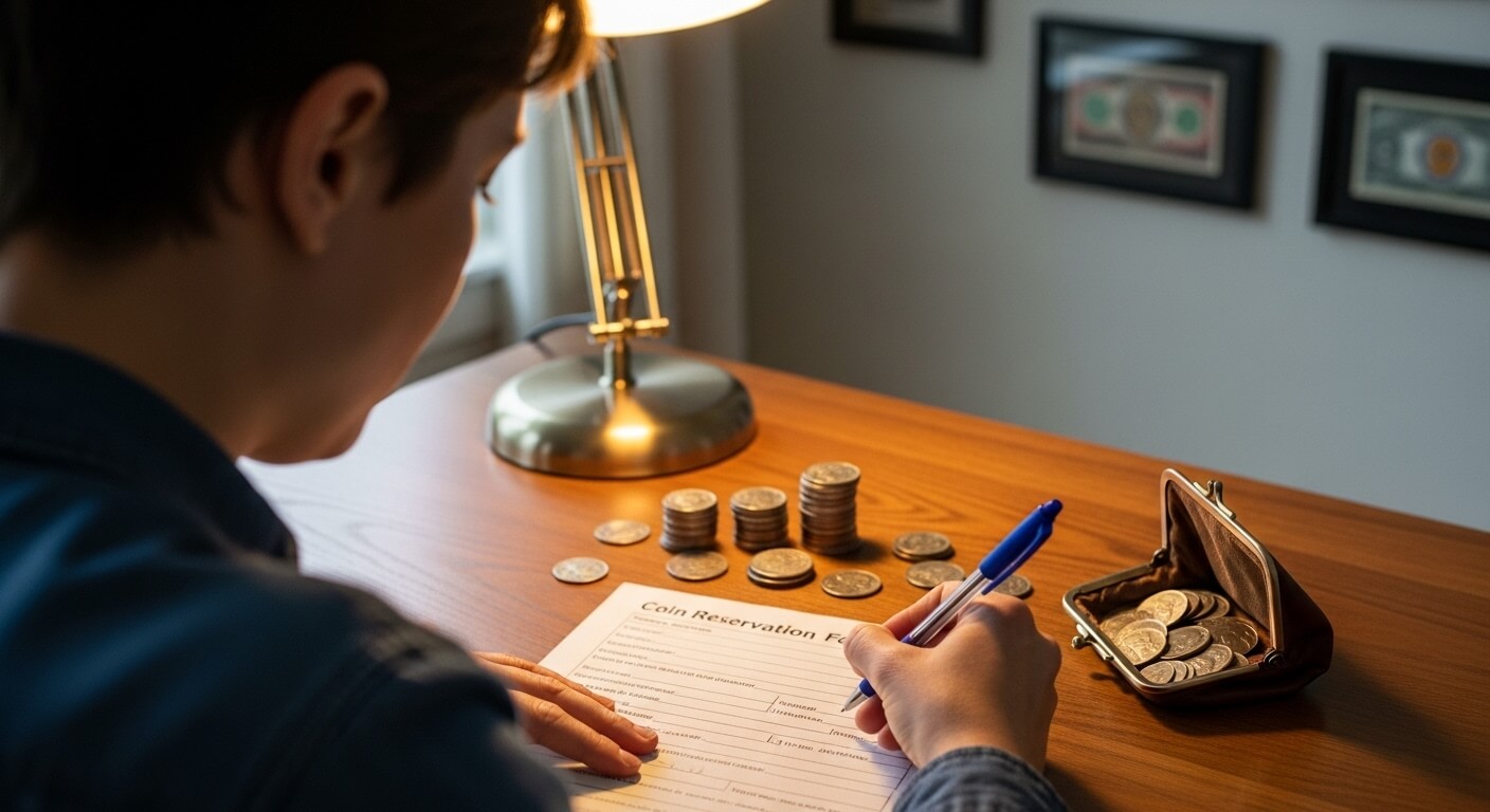 책상 위 동전과 함께 기념주화 예약 신청서를 작성하는 사람