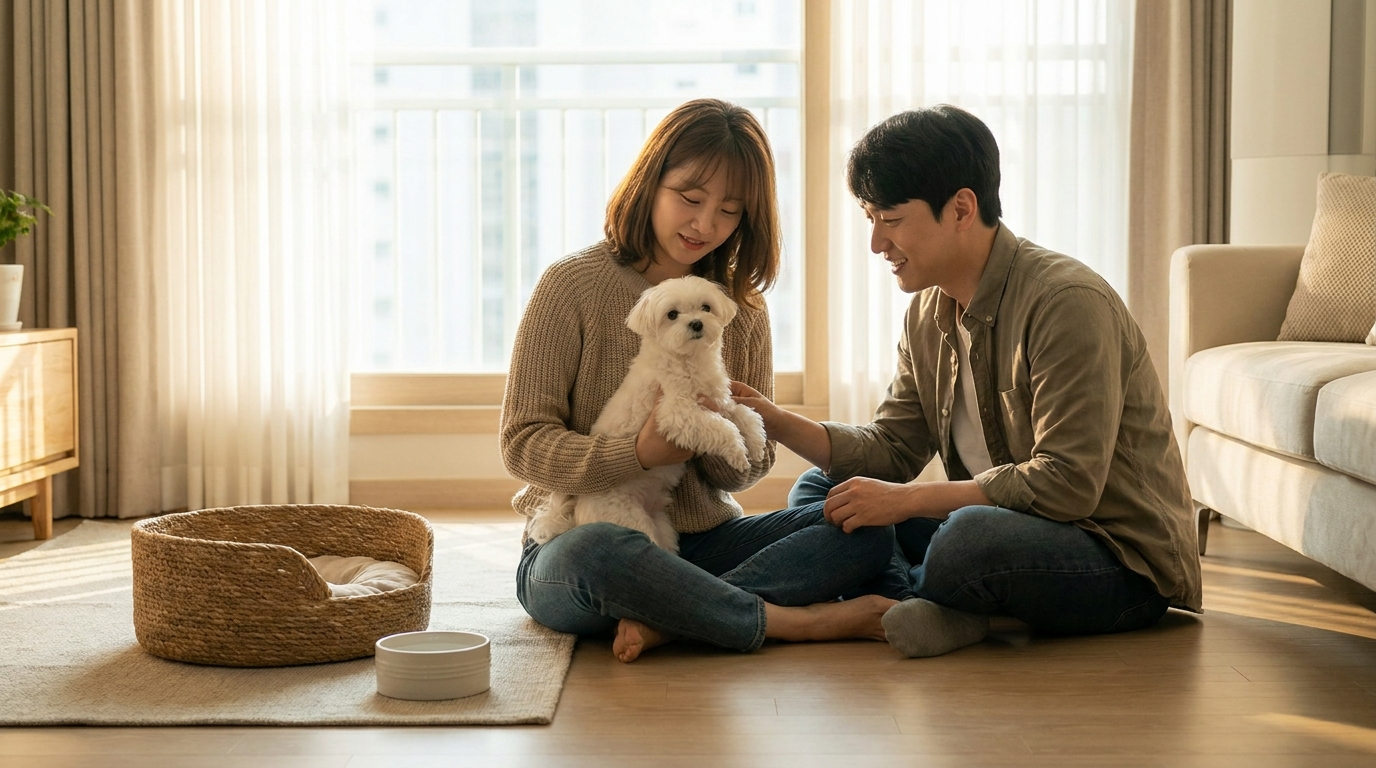 가정에서 새 강아지를 안고 있는 가족
