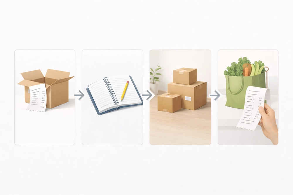 환불, 신학기, 이사, 장보기 영수증 등 생활 상황 4가지를 패널로 보여주는 사례 중심 이미지