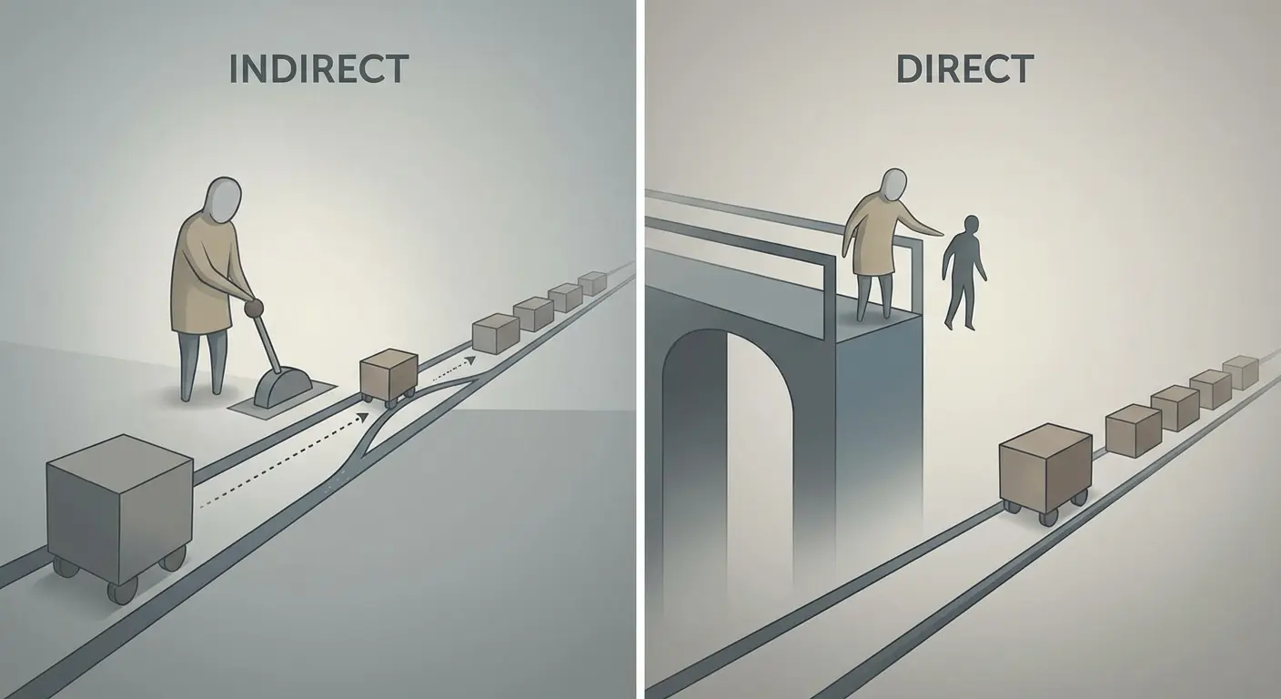 An illustration comparing pulling a lever and pushing a person in the trolley problem, showing why moral judgment differs despite identical outcomes