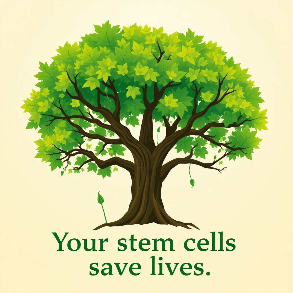 한 그루의 건강한 나무가 싹을 틔우는 모습 아래로 "당신의 조혈모세포가 생명을 살립니다"라는 문구를 삽입합니다. 새싹과 나무는 생명의 강인함과 성장을 상징하며, 희망적인 미래를 제시합니다.