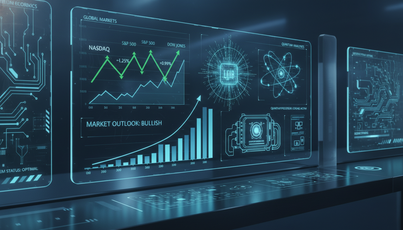양자암호통신 및 극저온 장비 등 양자컴퓨터 핵심 소부장 기업들의 주식 상승 흐름을 보여주는 미래지향적 디지털 대시보드