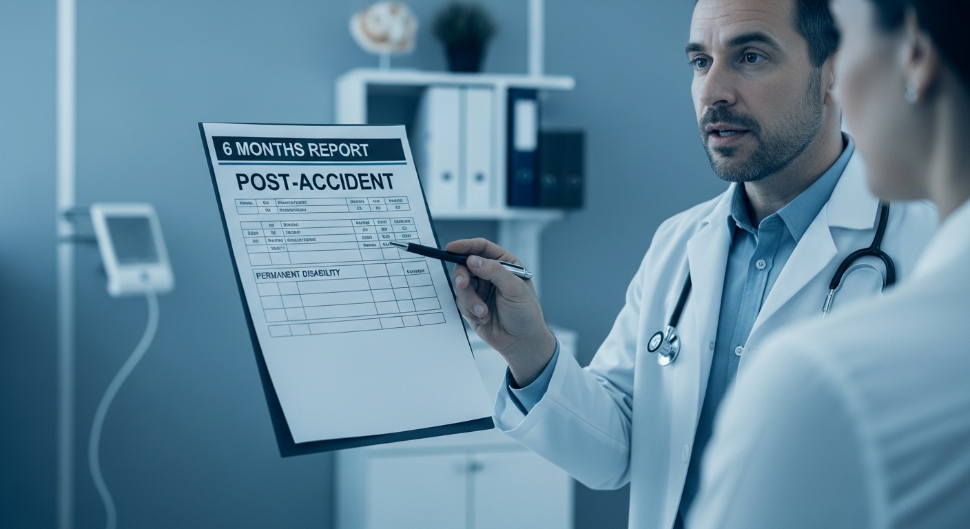 대학병원 전문의가 환자에게 '사고 6개월 경과'가 명시된 후유장해 진단서를 설명하는 모습. 객관적인 의료 진단의 중요성을 강조한다.