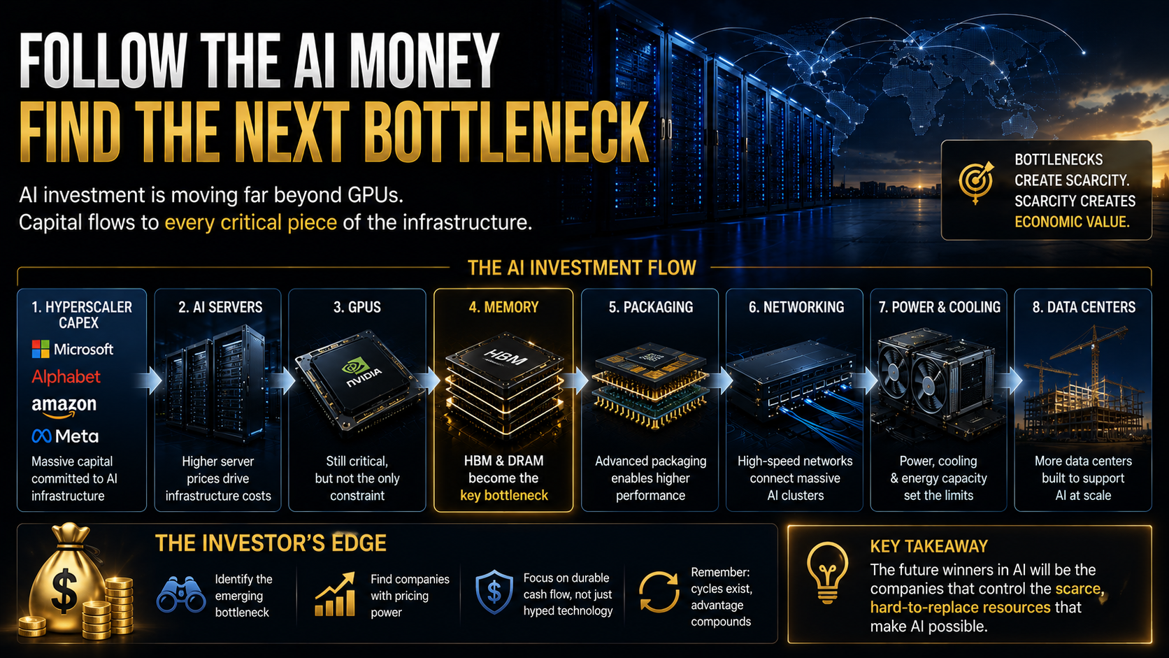 AI investment flows from GPUs and memory to packaging networking power cooling and data centers