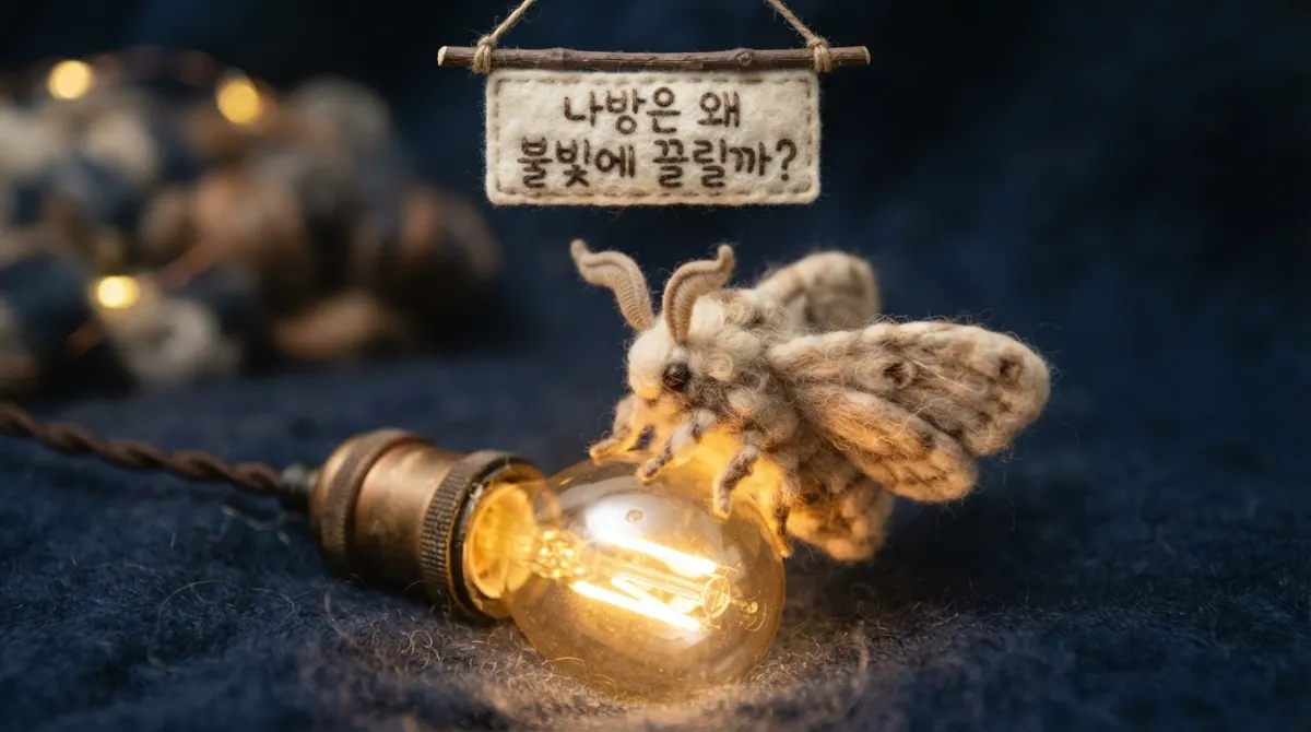밤에 환하게 빛나는 전구 위에 날개를 펼치고 앉아 있는 양모 나방 인형의 근접 클로즈업