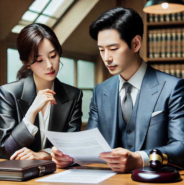문서 검토 중인 남녀의 협상 장면