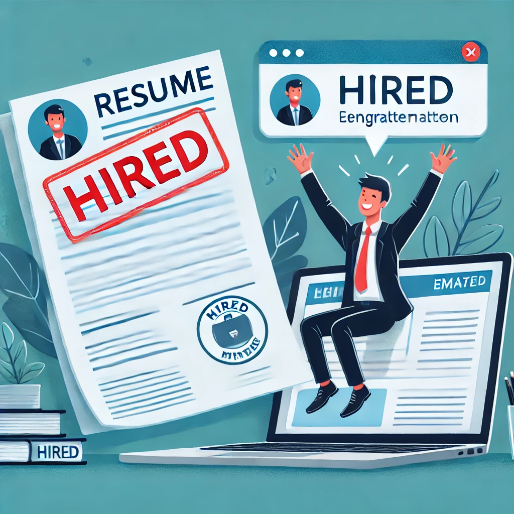구직자가 취업에 성공하여 기뻐하는 모습. &amp;#39;Hired&amp;#39; 스탬프가 찍힌 이력서와 함께 이메일 알림 화면이 보이며&amp;#44; 합격자가 환호하는 장면.