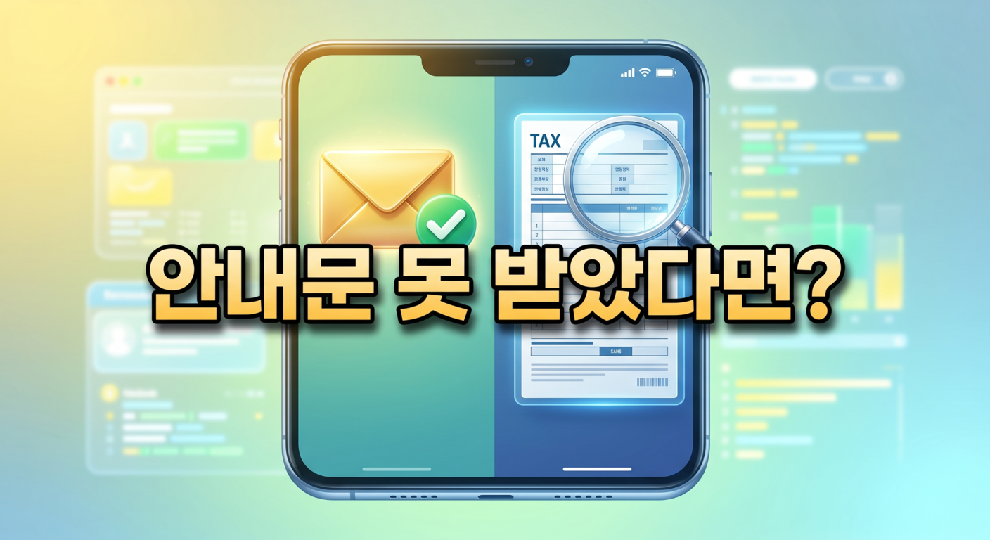 빛나는 금빛 우편 아이콘과 초록색 체크 표시가 있는 왼쪽 화면과 돋보기가 세금 문서를 탐색하는 오른쪽 화면으로 나뉜 스마트폰 3D 일러스트 배경에, 짙은 그림자와 외곽선으로 선명하게 강조된 '안내문 못 받았다면?'이라는 한글 문구가 중앙에 적힌 이미지