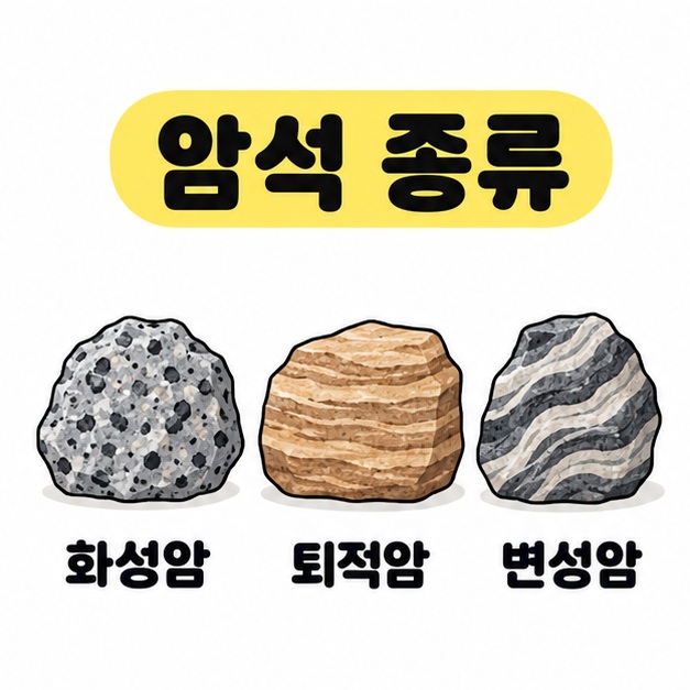 암석 종류 제목 아래 화성암과 퇴적암 및 변성암의 이름을 붙인 세 가지 암석 예시 그림