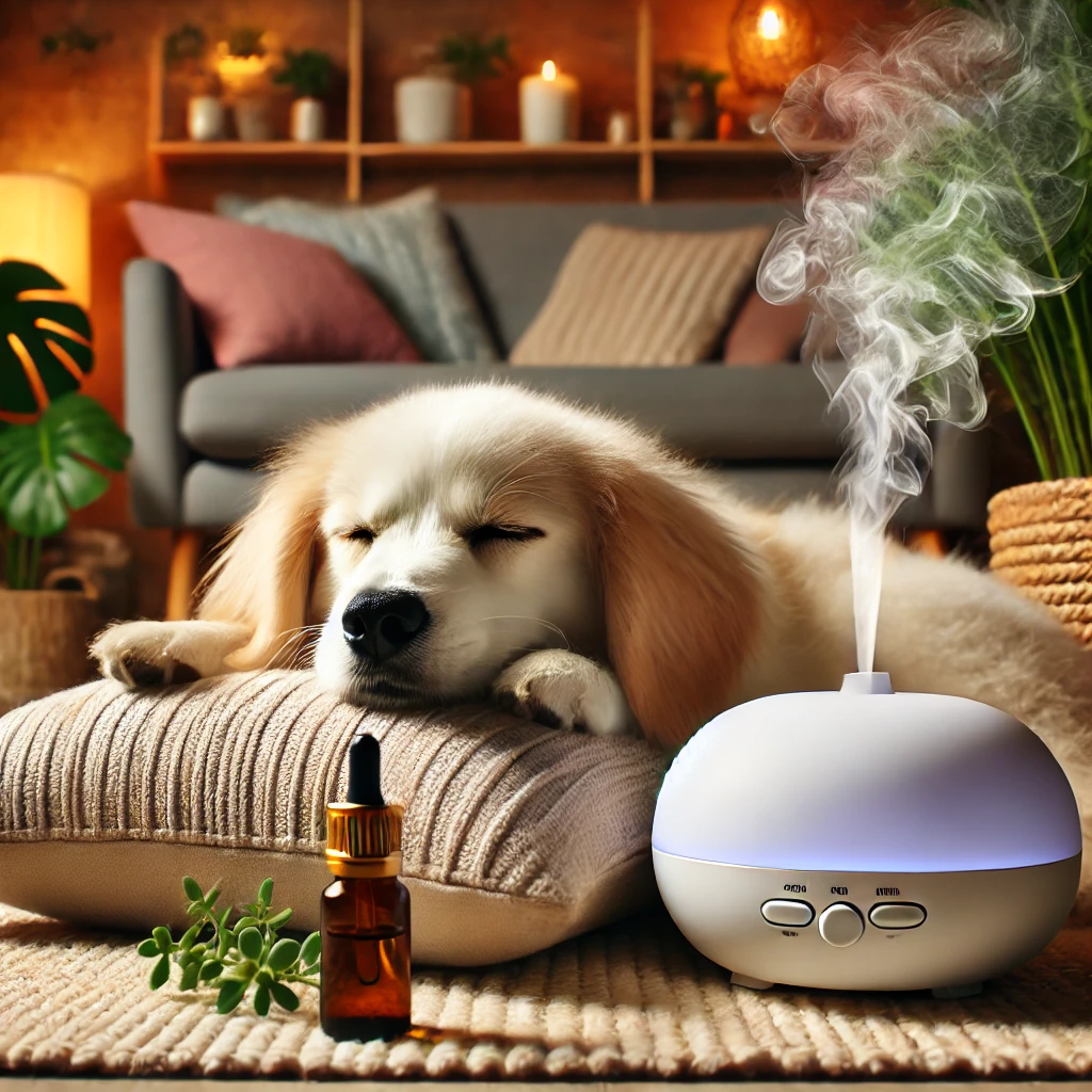 집 안에서 골든리트리버 강아지 1마리가 가습기를 통해 나오는 은은한 아로마향을 맡으며 쿠션에 엎드린 채 잠들어있다.