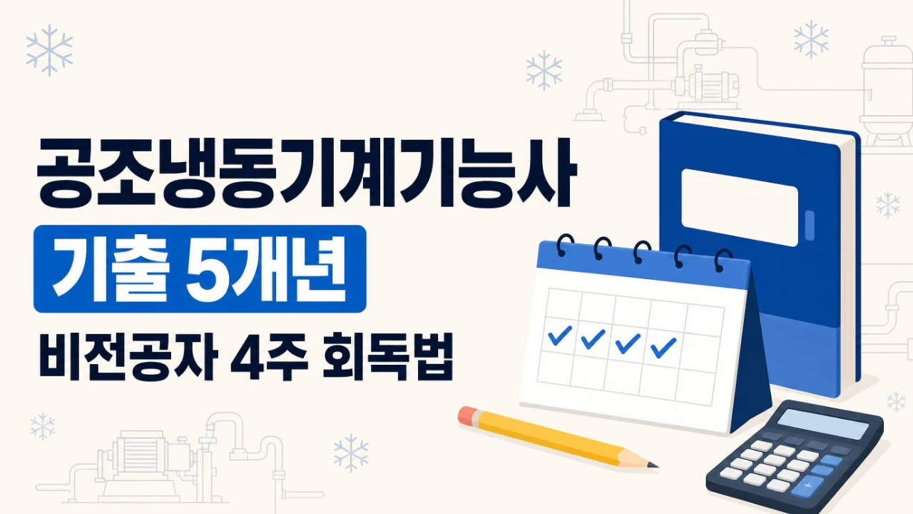공조냉동기계기능사 필기 기출문제 5개년과 비전공자 4주 회독법을 안내하는 이미지