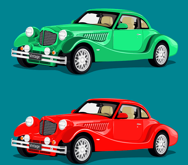 파란색 바탕 배경에 녹색 자동차 그림이 있고 그 아래에는 빨간색 자동차 그림이 있다.