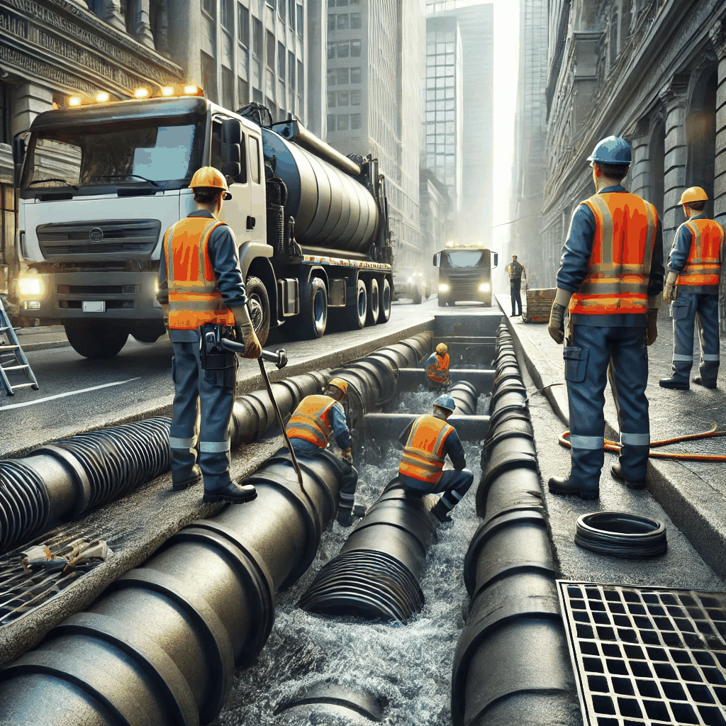 도시 배수시설을 점검하는 작업자들이 안전 장비를 착용하고 유지보수 작업을 수행하는 모습