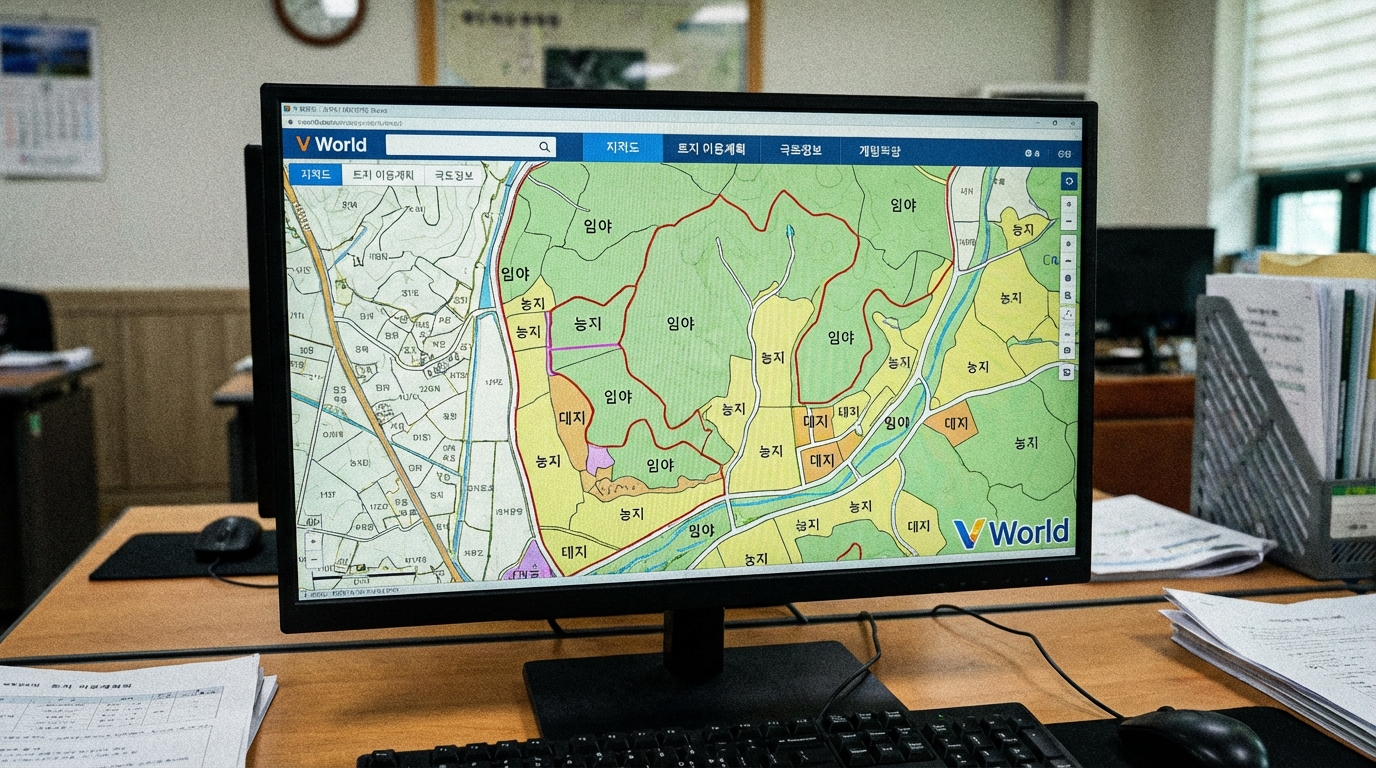 브이월드 지형 지도를 활용해 찾은 토지의 경계와 지목을 확인하는 화면
