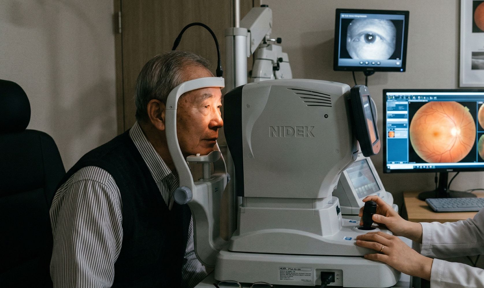 안과 검진을 받고 있는 모습.