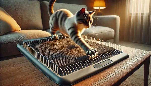 고양이가 가구 보호용 스크래치 방지 패드를 긁고 있는 모습