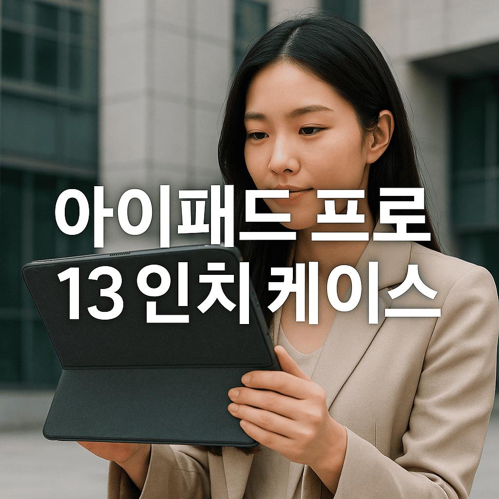 여성-모델이-아이패드-프로-13-인치를-케이스에-넣고-사용하는-모습,-배경은-현대적인-도심-건물,-중앙에-&quot;아이패드-프로-13인치-케이스&quot;-텍스트-배치
