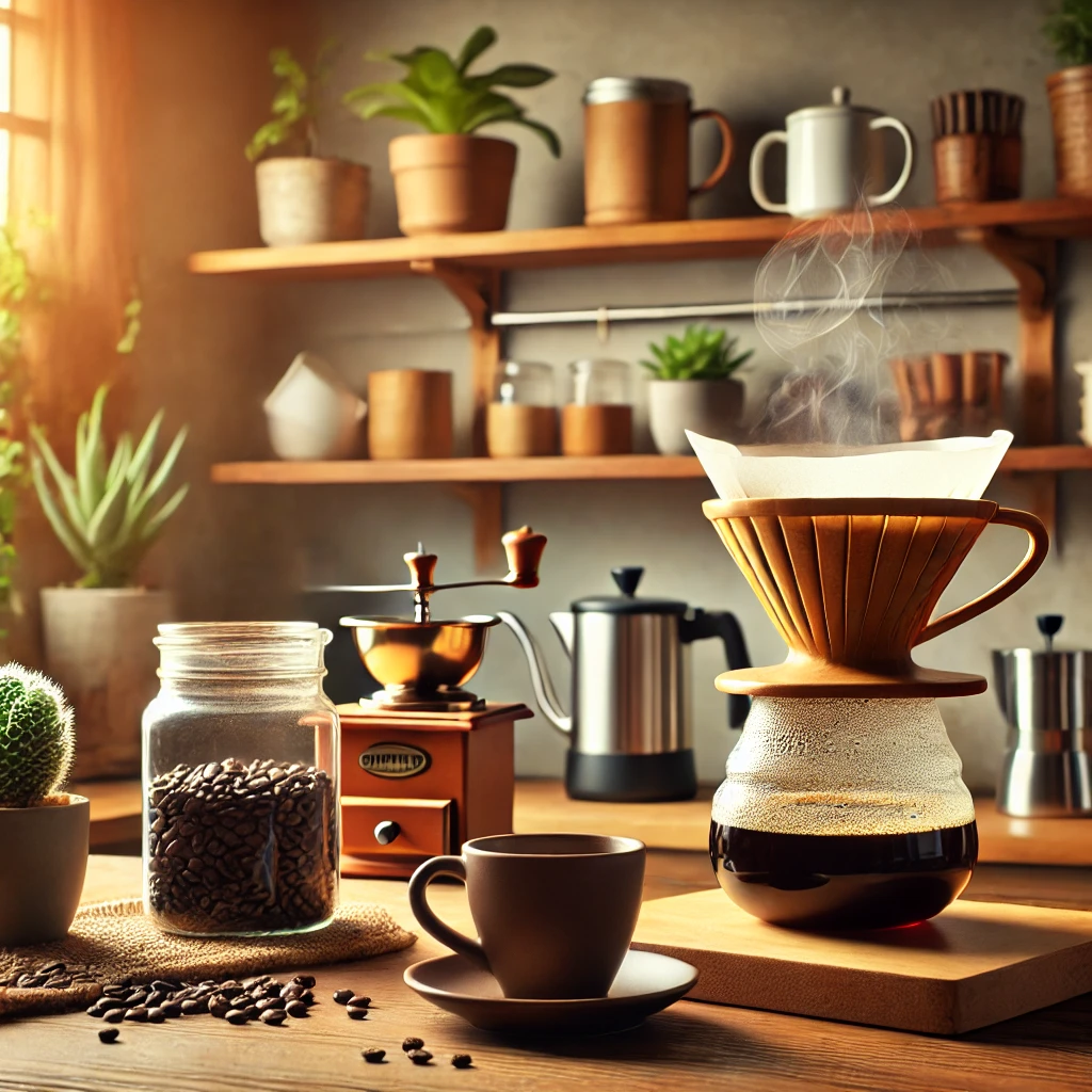 홈카페를 꾸며서 커피를 내리는 이미지