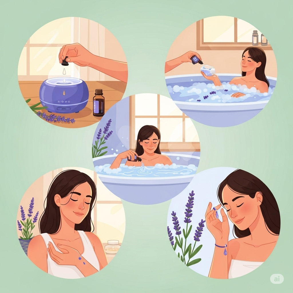 라벤더 에센셜 오일을 아로마테라피에 사용하는 다양한 방법: 디퓨저, 따뜻한 물에 첨가, 손목에 바르기