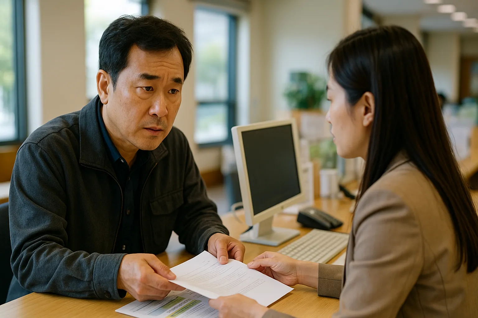주민센터에서 복지 지원금 상담을 받으며 서류를 제출하는 40대