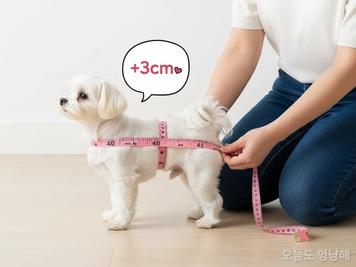 강아지 가슴둘레를 줄자로 재고 있는 모습, 여유 있게 사이즈를 측정하는 방법 안내