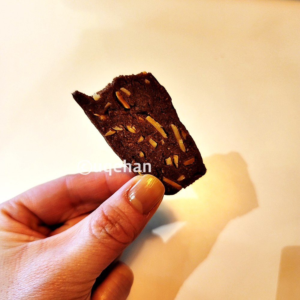 손에 초코 쿠키를 들고 있다.