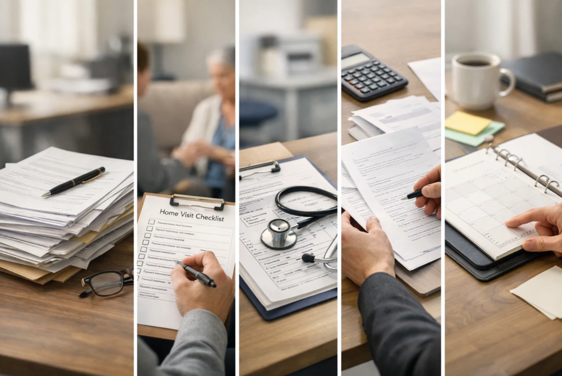 장기요양인정 신청부터 방문조사와 결과 통보까지의 절차를 보여주는 서류 구성