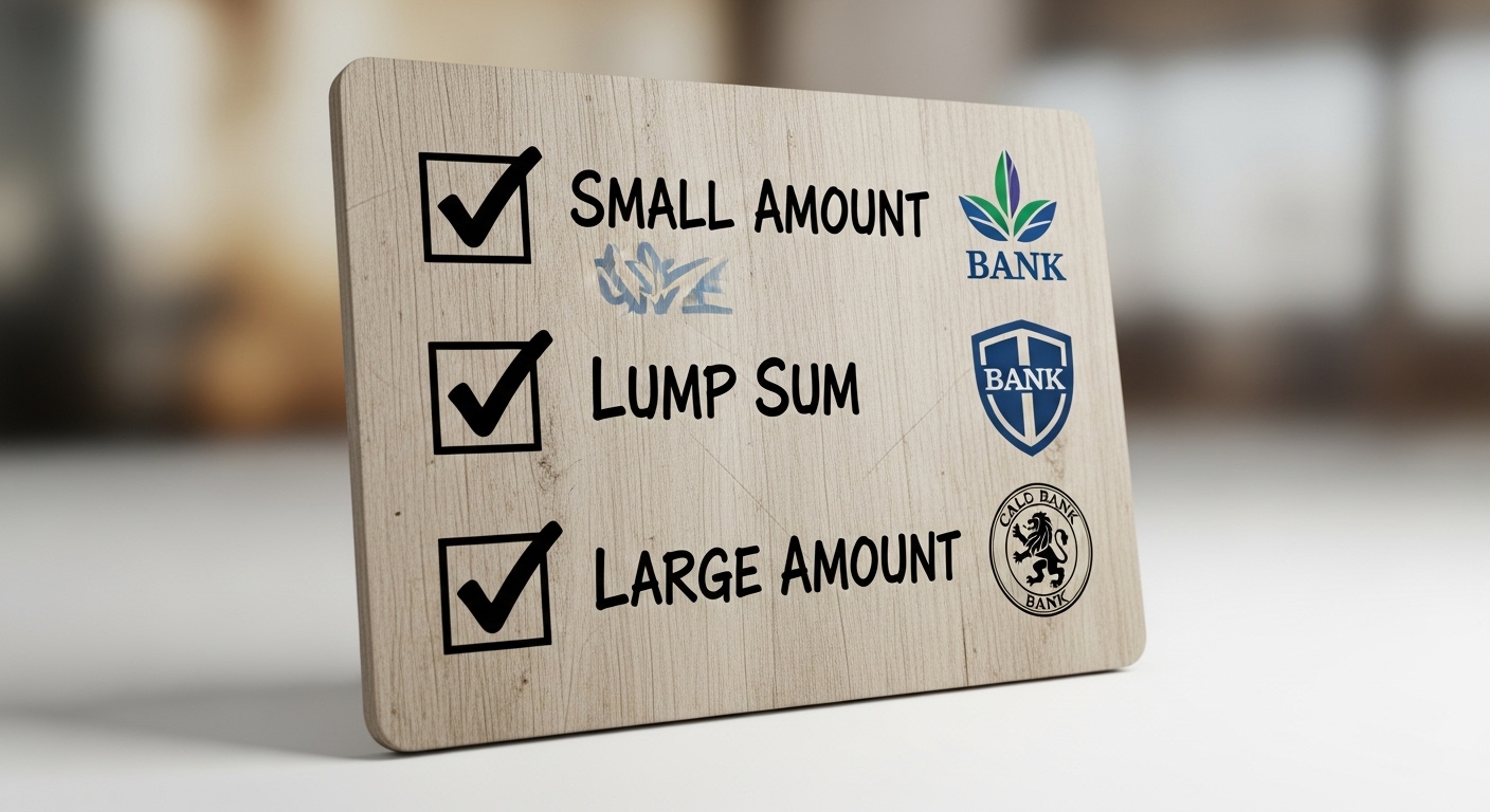 Illustration of a checklist board with 'Small Amount', 'Lump Sum', and 'Large Amount' items checked, with recommended bank logos next to each.